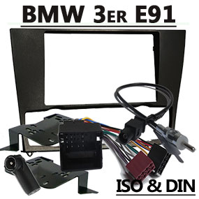 Radioblende-2DIN-mit-Antennenadapter-und-Kabel-für-BMW-Touring-E91