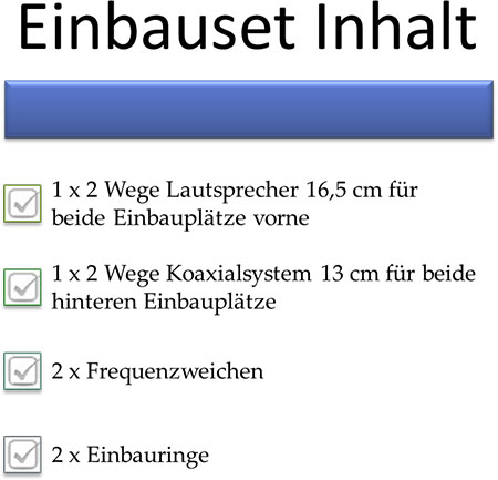 1 x 2 Wege Lautsprecher vorne 1 x Koaxialsystem 13 cm hinten