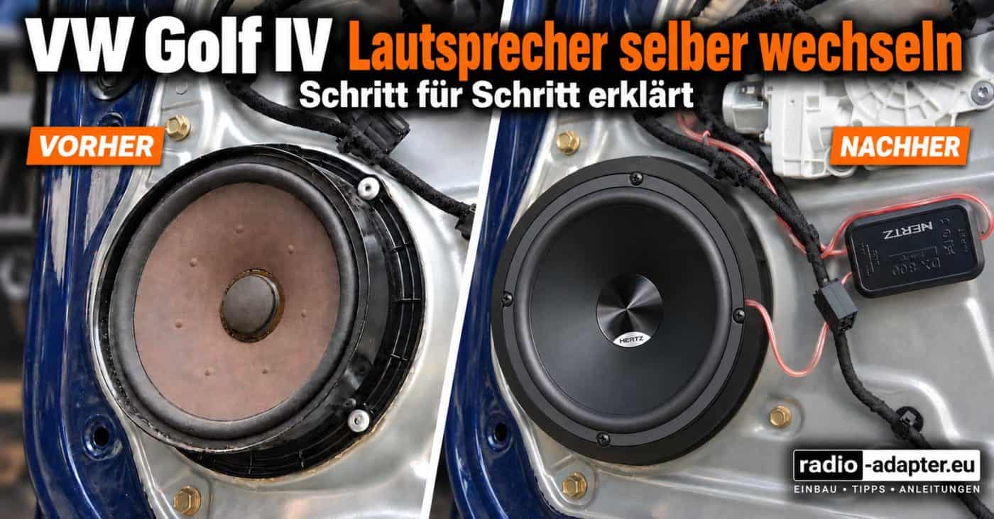 VW Golf IV im Vorher-Nachher-Vergleich: originaler Türlautsprecher links und neuer Hertz-Tieftöner auf einem Lautsprecherring rechts.